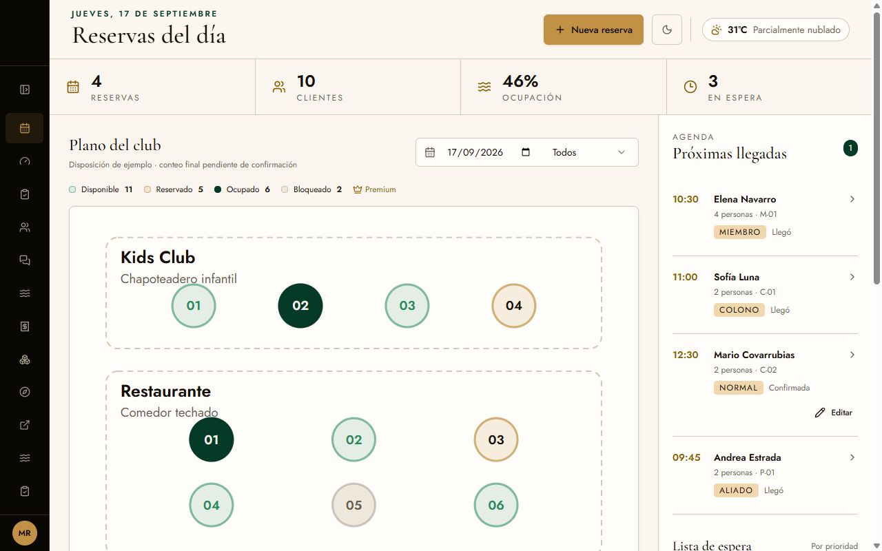 Captura de Club de Playa: plano del club con lugares disponibles, reservados y ocupados, y próximas llegadas