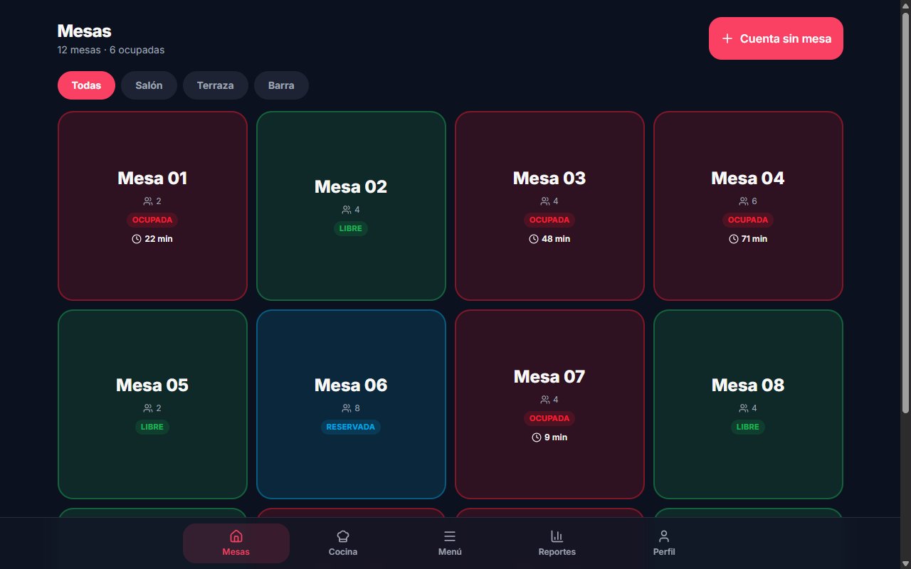Captura de MesaPOS: tablero de mesas con estado y tiempo de cada cuenta